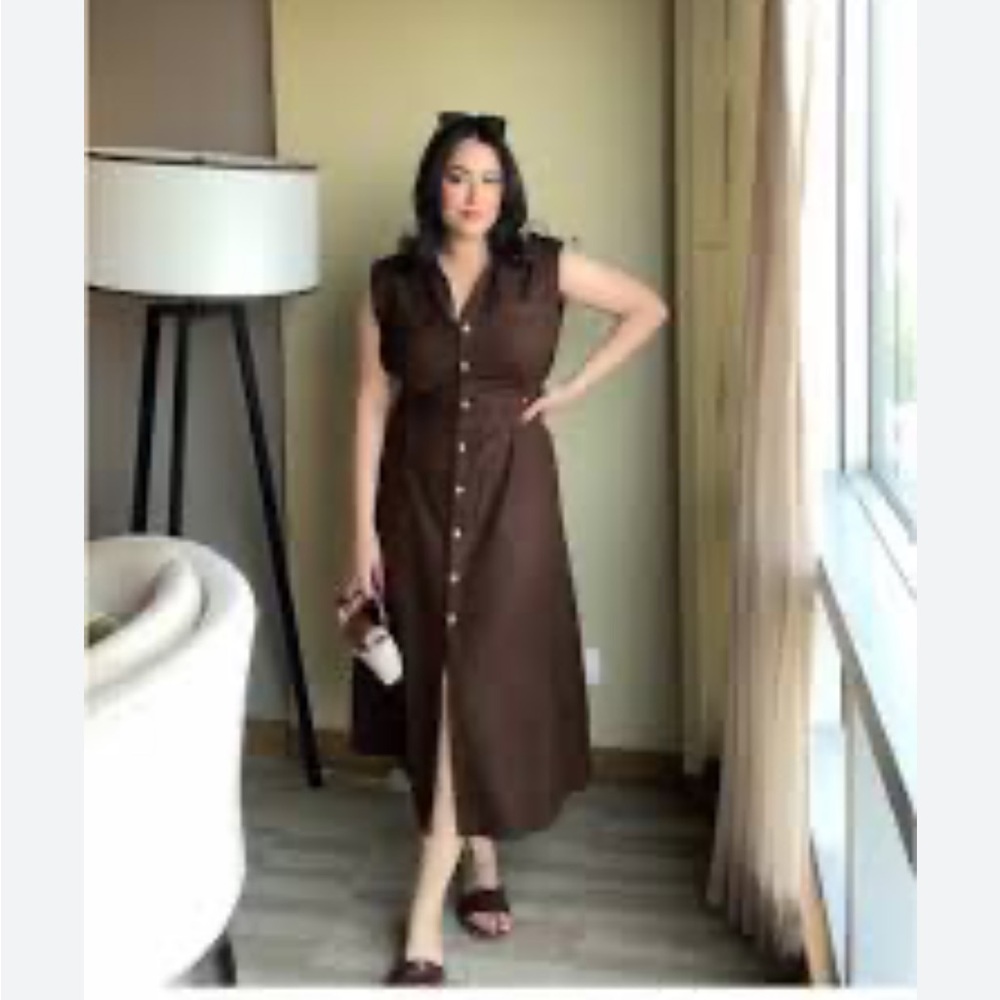❌SOLD❌ZARA Brown Linen Midi Sleeveless Dress - Picture 4 of 4